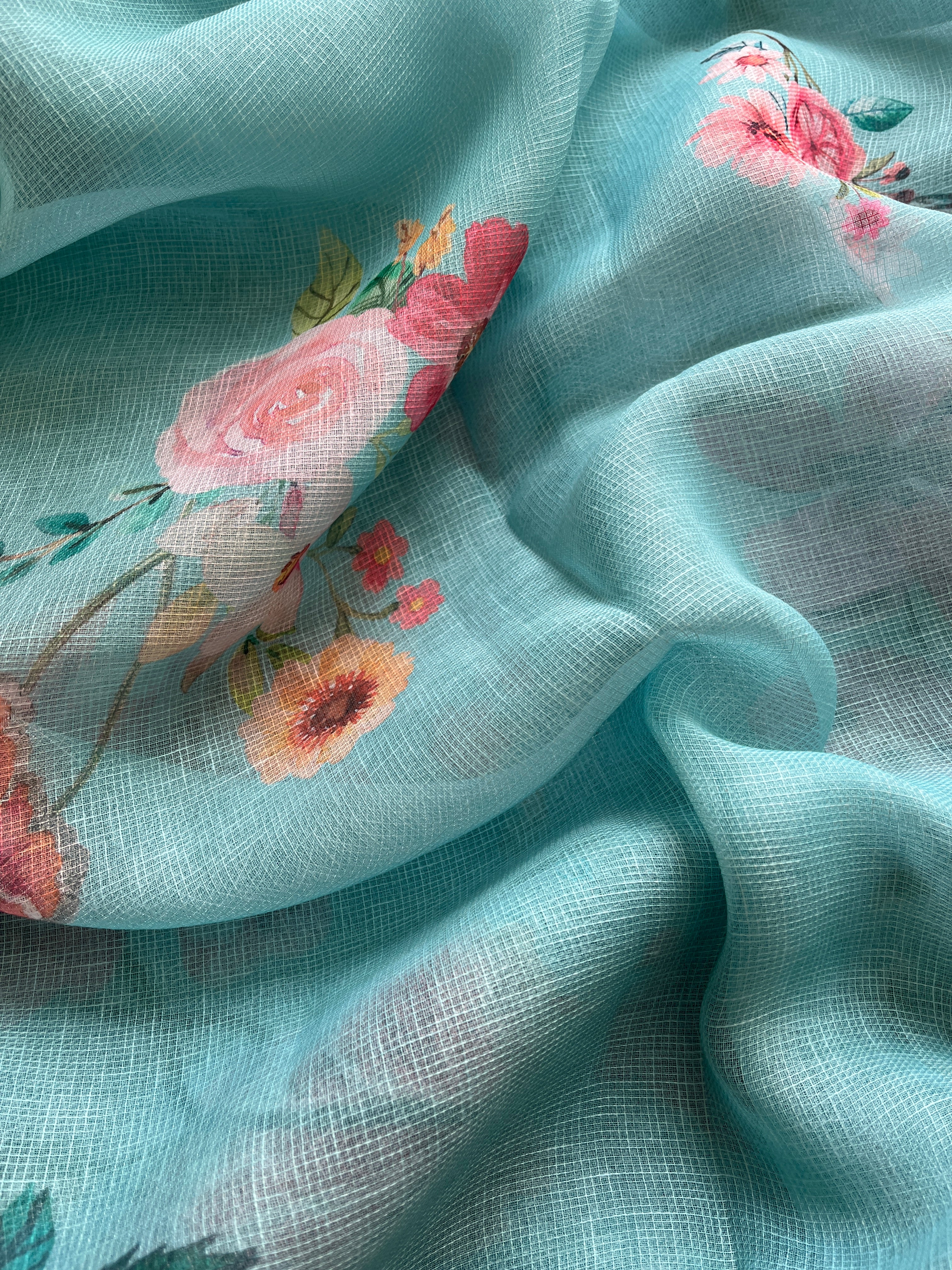 Blue Floral linen Silk Saree